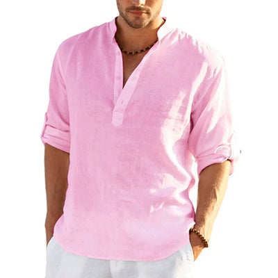 Men Cotton Linen T-shirts Summer V Collarless Long Sleeve Solid Sand Beachwear Office Man Tee Shirt Tops BSDFS-ZT167