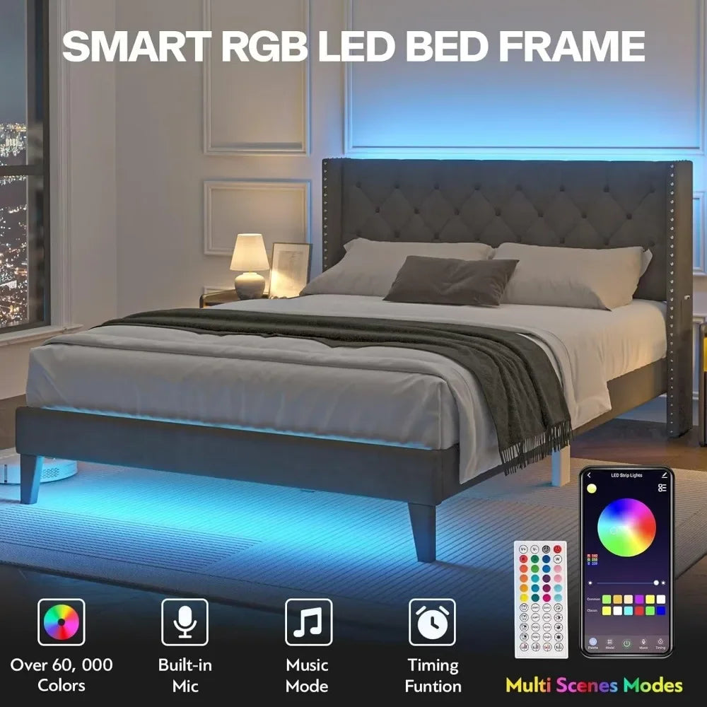 Bed Frame with Led Lights, Upholstered Velvet Platform Bed Frames with Button Tufted Wingback Headboard and Footboard