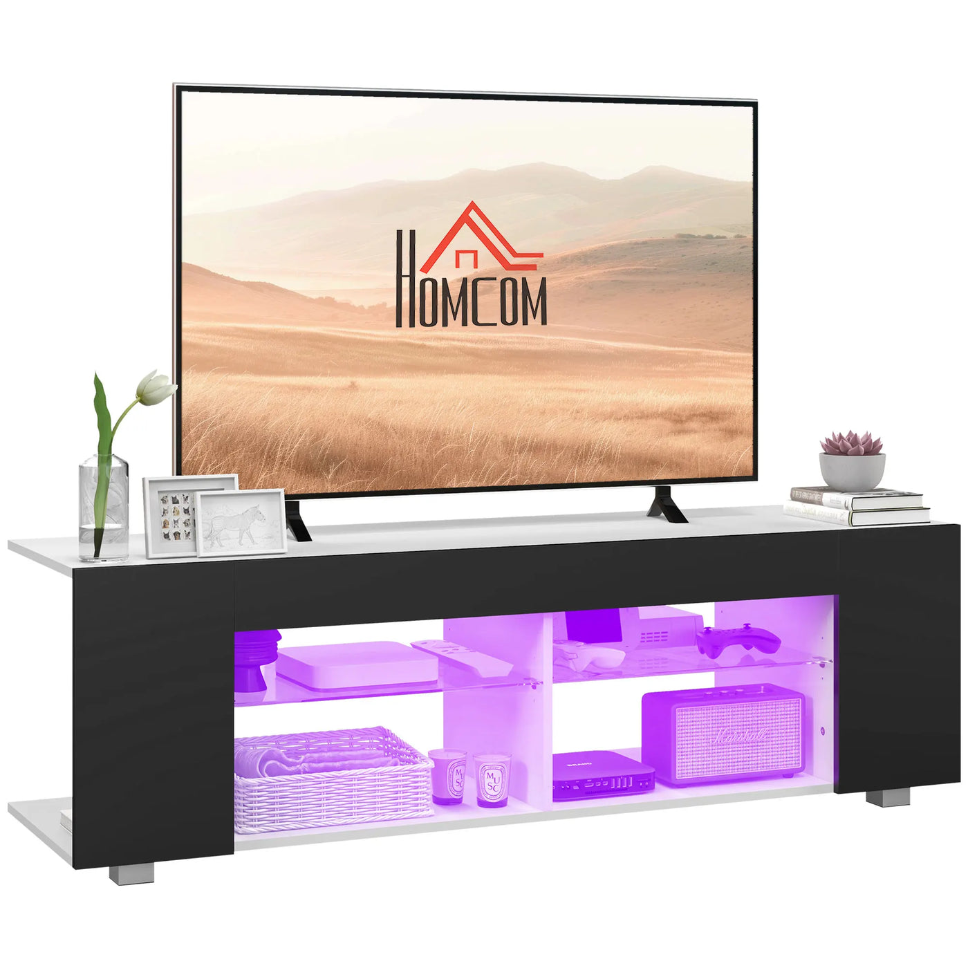 TV Stand 145cm TV Unit with Glass Shelves RGB LED Light for 60"TV Black