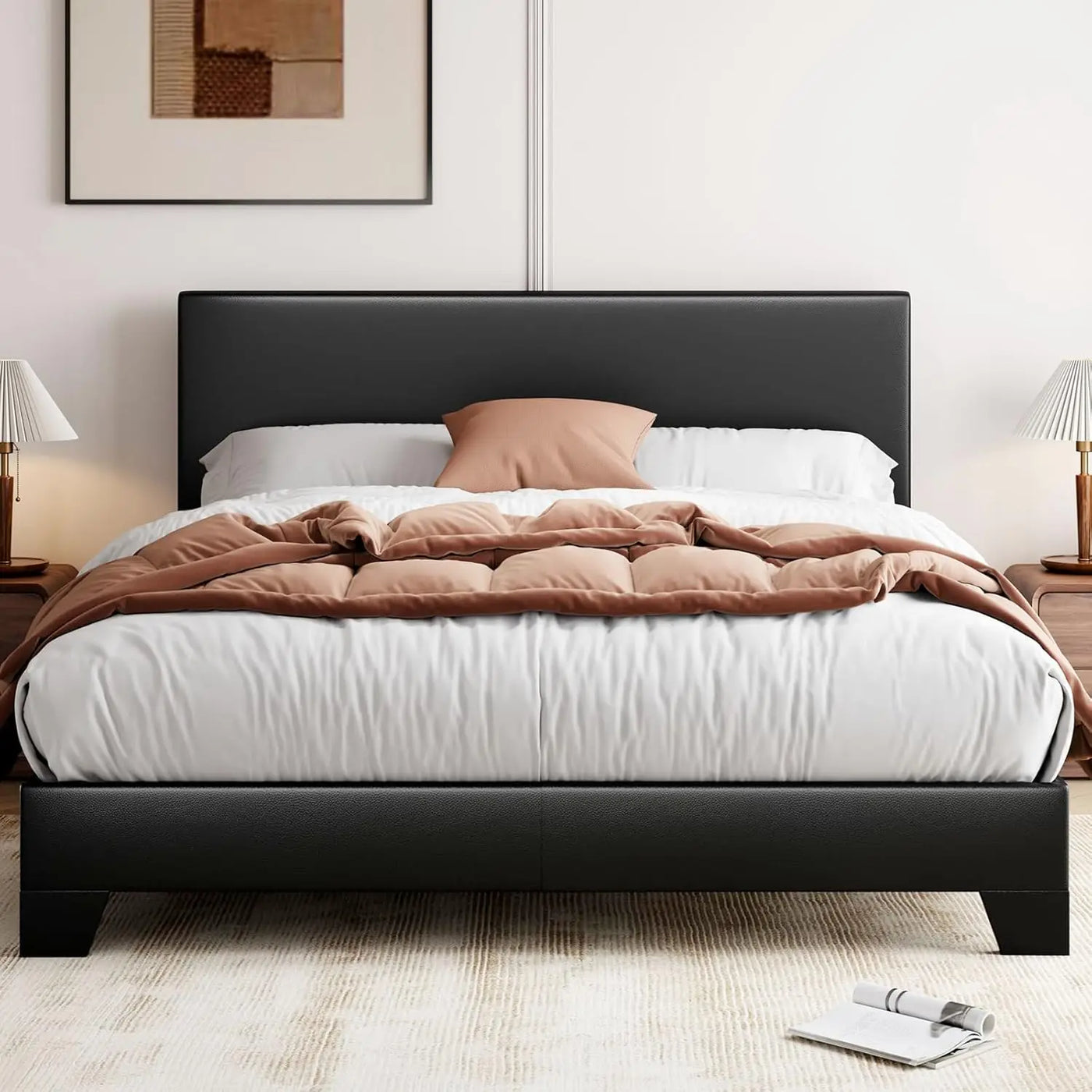Bedroom Furniture, Full/Queen/king Size Bed Frame Adjustable Headboard, Faux Leather Platform Bed, Easy Assembly