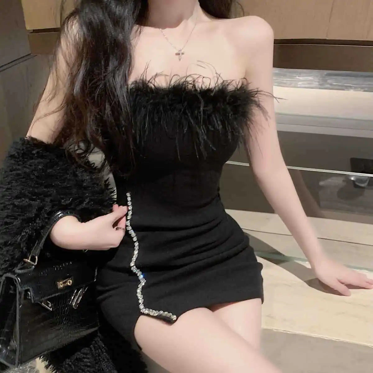 Strapless Dress Women Feather Collar Beaded Slit Birthday Party Wrapped Dresses