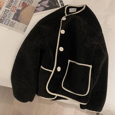 Women Autumn Winter Warm Teddy Coat Berber Fleece Round Collar Short Jacket Plush Outerwear Female Fashion Streetwear Clothes