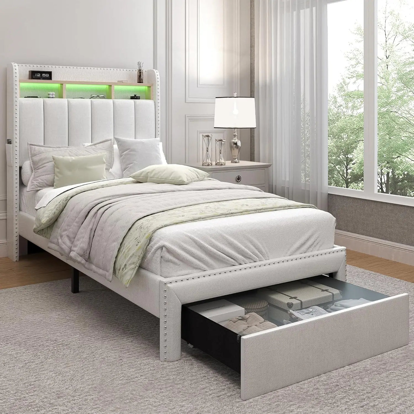 Queen LED Bed Frame with 2 Drawers, Modern Platform Beds with 2 Tier Linen Upholstered Storage Wingback Headboard, Channel