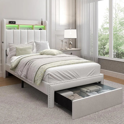 Queen LED Bed Frame with 2 Drawers, Modern Platform Beds with 2 Tier Linen Upholstered Storage Wingback Headboard, Channel