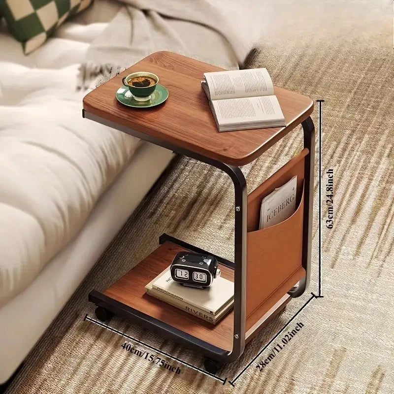 Coffee Table With 360° Wheels C-Shape End Table Sofa Side Table Portable With Cork Finish for RV Home Office Living Room Bedroom