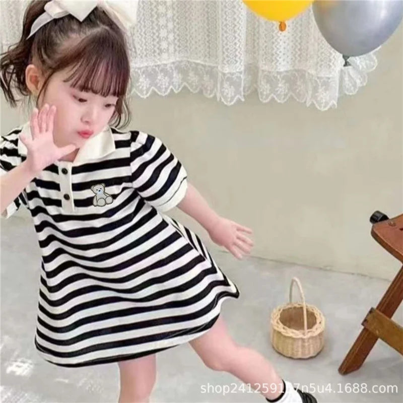 Girls Stripes Dresses Spring Autumn Kids Short Sleeve Polo Neck Sweatshirt Dress Teen Fashion T-Shirt Dress Clothes 2-10 Years