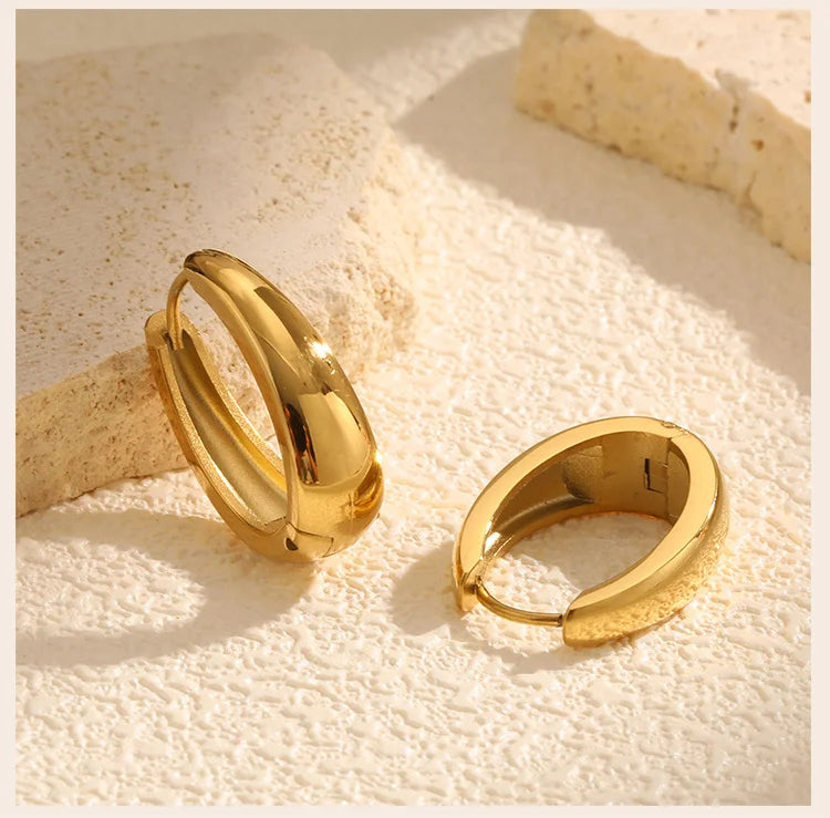 Oval Hoop Earrings for Women, Small Thick Geometic Earring Huggies, Gold Plated Hypoallergenic Minimalist Jewelry