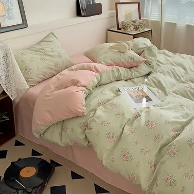 Green Floral Bedding Set Twin Full Queen Size Duvet Cover for Girls Flat Sheet Pillowcase Washed Cotton Home Linens