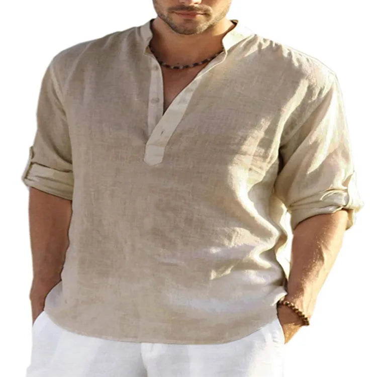 Men Cotton Linen T-shirts Summer V Collarless Long Sleeve Solid Sand Beachwear Office Man Tee Shirt Tops BSDFS-ZT167