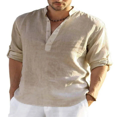 Men Cotton Linen T-shirts Summer V Collarless Long Sleeve Solid Sand Beachwear Office Man Tee Shirt Tops BSDFS-ZT167