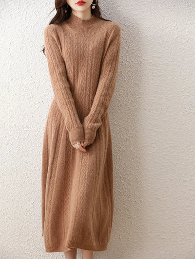 Elegant Fashion Dresses Cashmere Sweater Knitted Long Dress 100% Merino Wool Women Turtleneck Office Skirt Autumn Winter Clothes