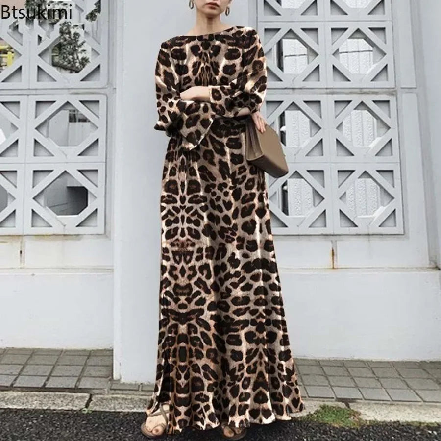 2025 Fashion Leopard Printing Maxi Dress Women's Spring Sundress Elegant Casual Long Sleeve Vintage Long Dresses Vestidos Female