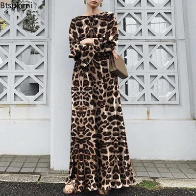 2025 Fashion Leopard Printing Maxi Dress Women's Spring Sundress Elegant Casual Long Sleeve Vintage Long Dresses Vestidos Female