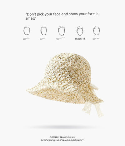 Straw Hat Female Summer New French Woven Bows Sun-Proof Bucket Hat Fresh Beach Trip Vacation Sun Hat