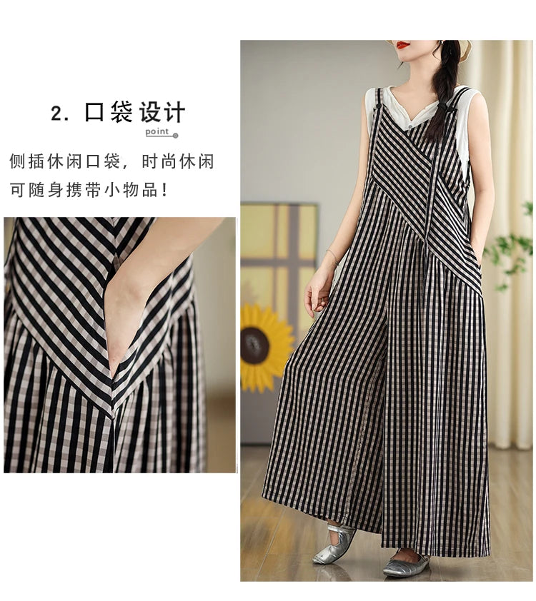 Oversized Summer Plaid Print Jumpsuit Women Wide Leg Loose Pleated Fashion Ladies Jumpsuits V-Neck Sleeveless Woman Jumpsuits