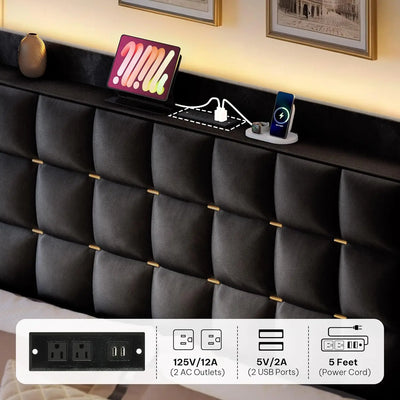LED Lights with 4 Drawers , Queen/king Bed Frame Velvet Upholstered Platform Bed, No Box Spring Needed, Easy Assembly