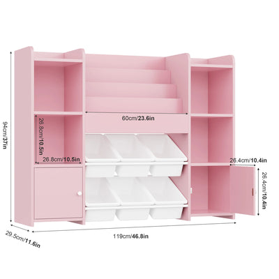 Children's shelf CHILDREN'S room furniture toys chest bookcase CHILDREN'S wardrobe with 6 boxing 4 bookshelves 8 shelves 119x29.5x94cm