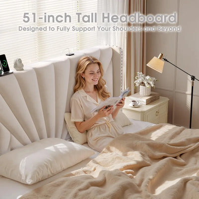 King Size Bed Frame with 51" Tall Headboard Wingback, Velvet Upholstered Platform Bed with Charging Station & LED Lights