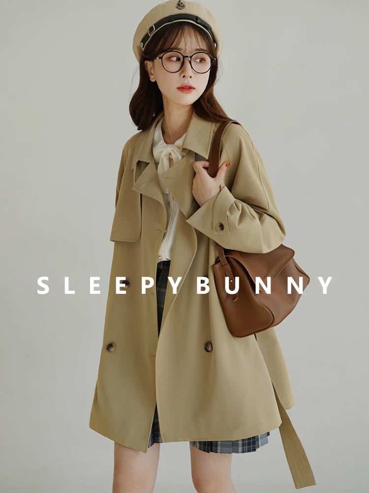 Women Spring Fall Short Trench Coat Korean Style Loose Fit Casual Khaki Jacket Petite-Friendly Versatile and Stylish Outerwear