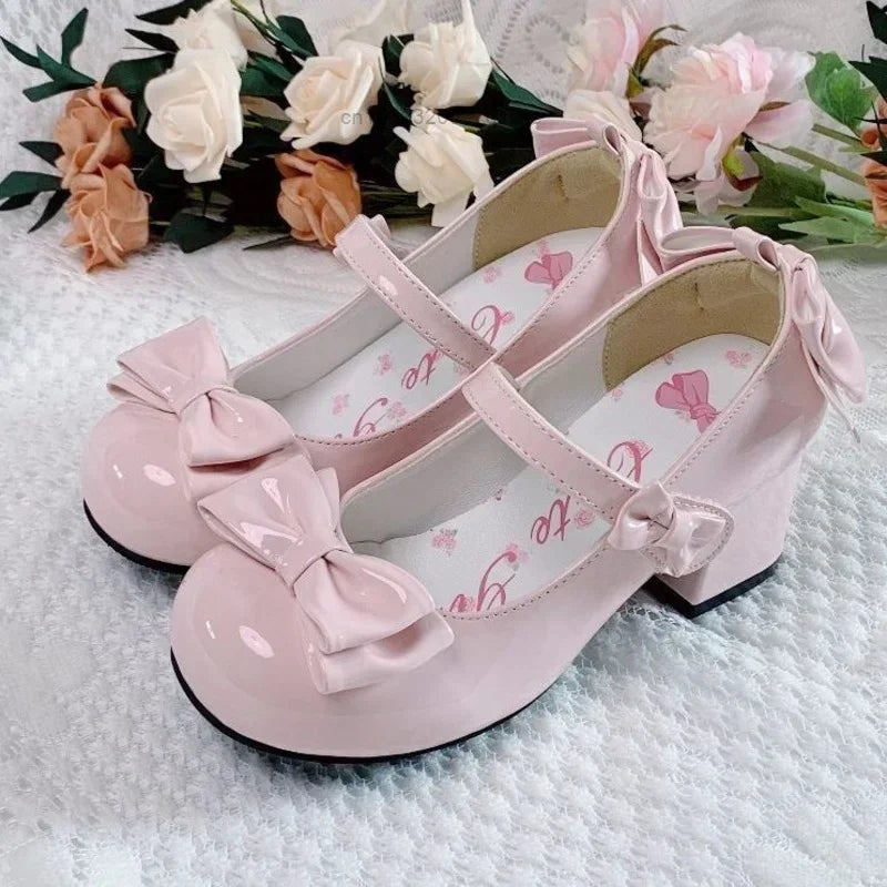 2024Lolita Style Cute Round Head  Jane Pumps With Bow Women's Sweet Party Dress Midi Heels Shoes Fashion PU Sandals