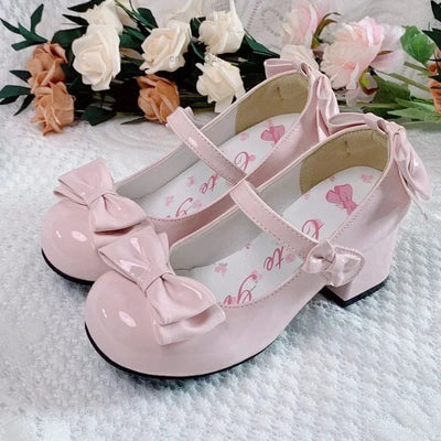 2024Lolita Style Cute Round Head  Jane Pumps With Bow Women's Sweet Party Dress Midi Heels Shoes Fashion PU Sandals