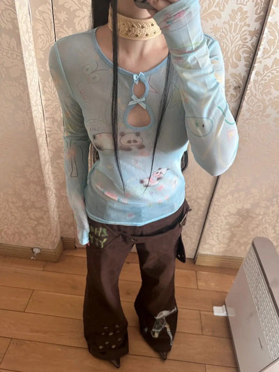 Yedinas Y2k Blue Mesh Tops Long Sleeve T Shirt Women Clothes Slim Spring Tops See Through Sheer Tshirts Grunge Aesthetics Tees
