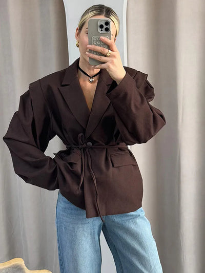 Retro Brown Belted Blazer Coats Women's Fashion Lapel One Button Oversized Jackets 2025 Autumn Office Commute Street Outerwears