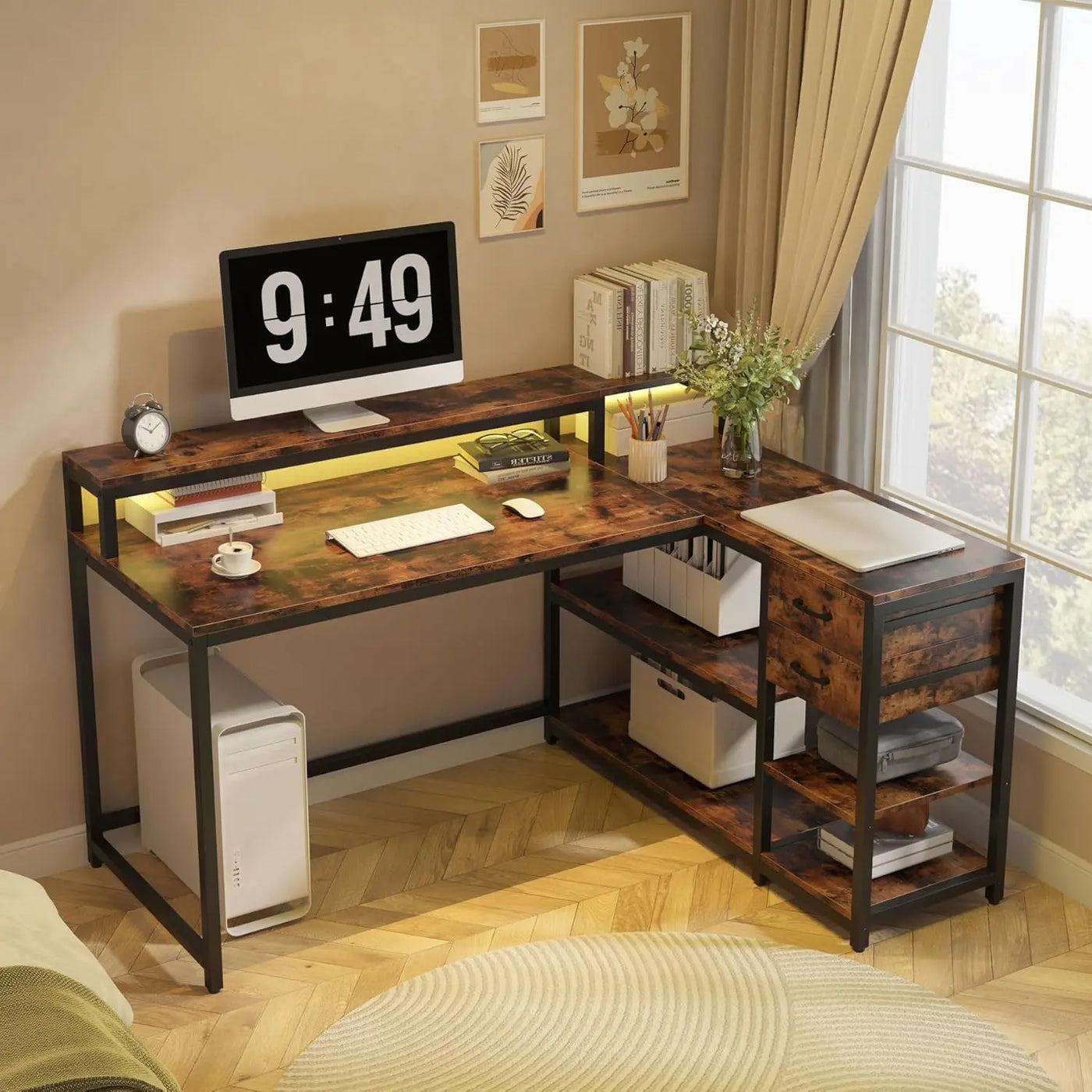 L Shaped Desk with Drawers and Storage Shelves, Home Office L Corner Desk with Monitor Stand, 55" x 24" Desktop Computer Desk