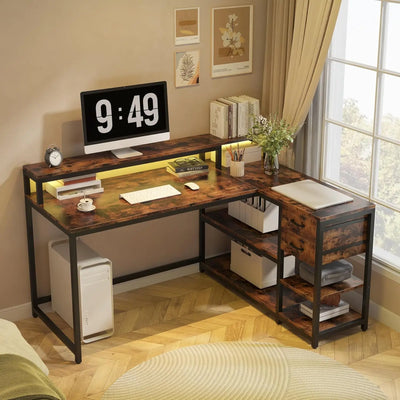L Shaped Desk with Drawers and Storage Shelves, Home Office L Corner Desk with Monitor Stand, 55" x 24" Desktop Computer Desk