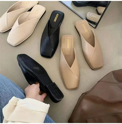 Women Mules Designer Square Toe 2025 Summer Ladies Fashion Slippers New Slides Female Outside Beach Shoes Big Size мюли женские