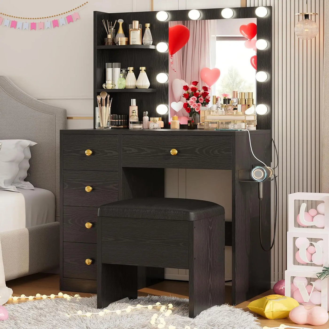 Vanity Desk with Mirror and Lights,Small Makeup Vanity Table with 5 Drawers, Dressing Table for Women Girls Bedroom