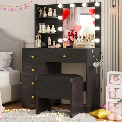 Vanity Desk with Mirror and Lights,Small Makeup Vanity Table with 5 Drawers, Dressing Table for Women Girls Bedroom