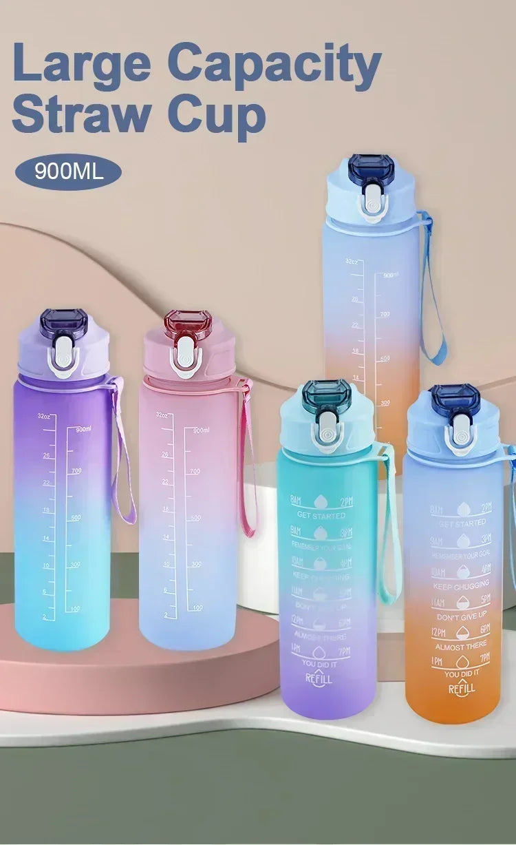900ml Leakproof Water Bottles with Times To Drink and Straw Motivational Drinking Sports Water Bottle for Fitnes Gym Outdoor
