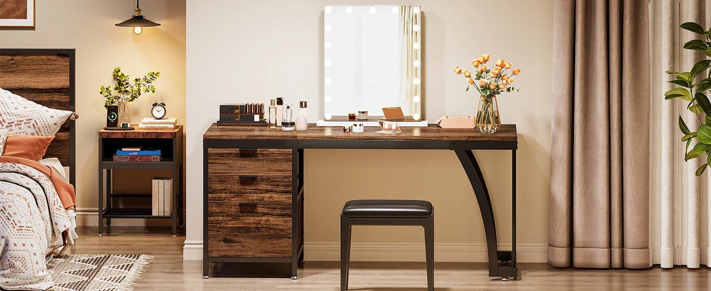Vanity Desk with 3 Drawers, 59-Inch Large Dressing Table with Reversible Drawers, Chic Makeup Desk(Rustic Brown) (Only Desk)
