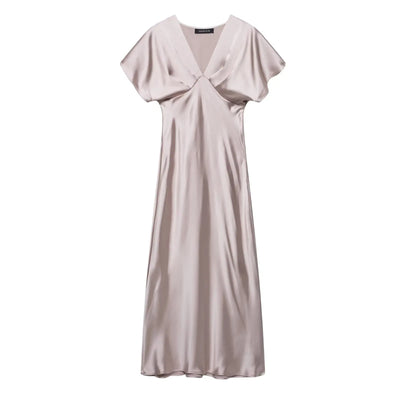 TRAF 2025 Woman Fashion Silk Texture Midi Dress Casual Slim Short Sleeve V Neck Midi Long Dresses Vestidos Mujer