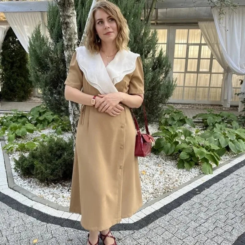 Women Summer Vintage Long Wrapped Dress 2024 New Female Double Layer Ruffled Collar Lacing Up Slim Waist Sundress