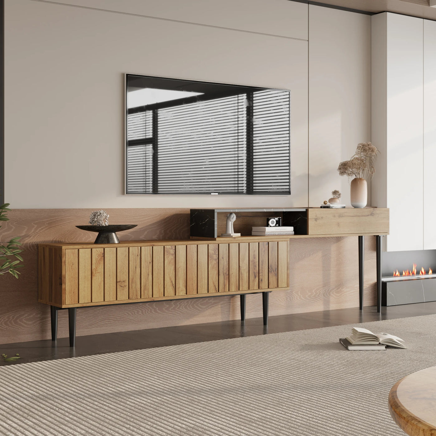 Lazyspace Modern TV Stand with Marble and Wood Grain, TV Cabinet with Iron Legs, Wooden TV Stand with Storage Space