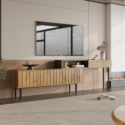 Lazyspace Modern TV Stand with Marble and Wood Grain, TV Cabinet with Iron Legs, Wooden TV Stand with Storage Space