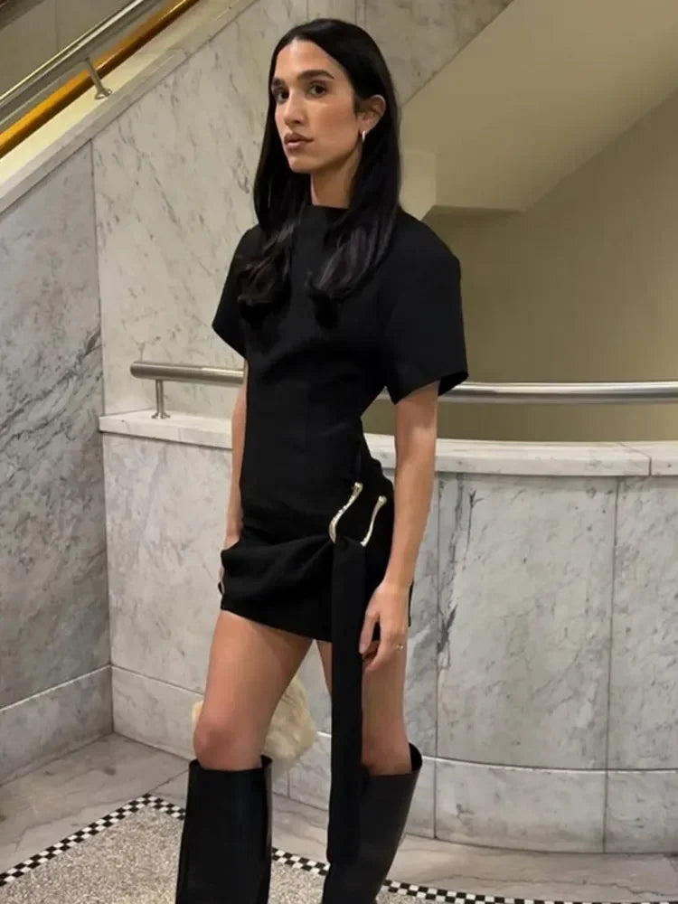 Chaxiaoa Short Sleeve Draped Sexy Mini Dress for Women Black Metal Buckle O Neck High Waist Bodycon Club Dress Vestido Clothes