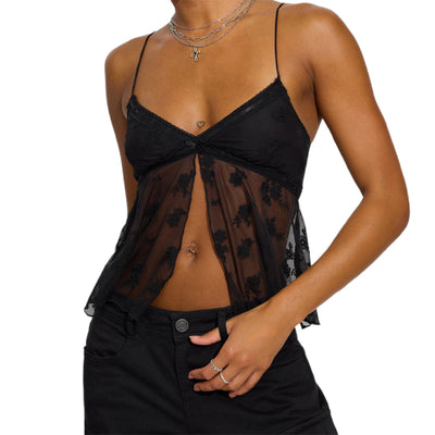 Women's Sleeveless V Neck Floral Embroidery Mesh Camisole Lace Trim Tank Tops Summer Cami Tops