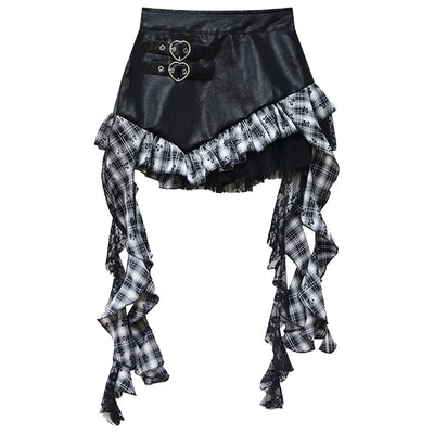 Faux Leather Mini Skirt with Plaid Ruffle Lace Trim Heart-Shape Buckle Asymmetrical Miniskirt Teen-girl e-girl Y2k Grunge Outfit