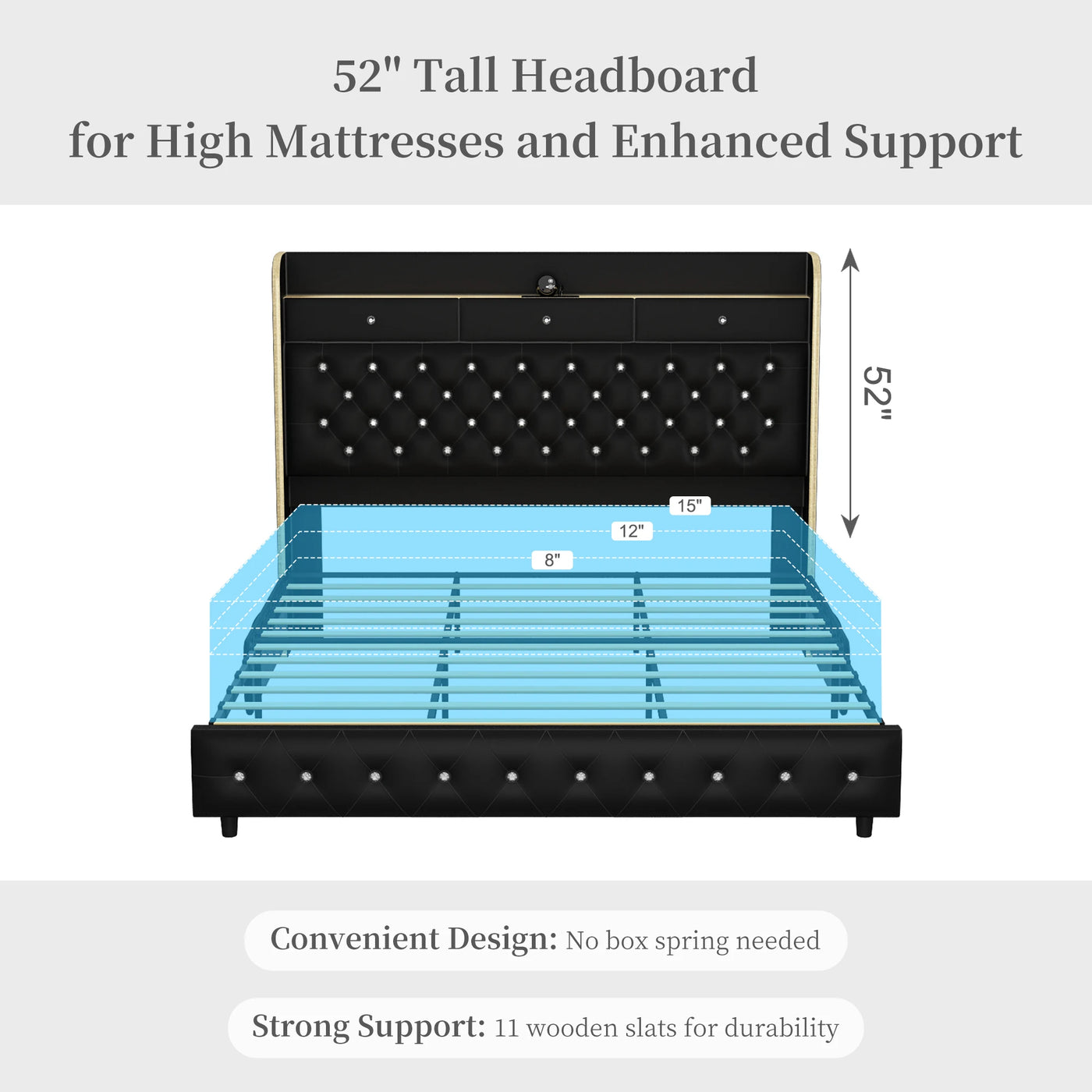 LED Bed Frame with Galaxy Star Projector, 2 Drawers, 52" PU Headboard with Charging Station, Noise Free, No Box Spring