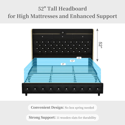 LED Bed Frame with Galaxy Star Projector, 2 Drawers, 52" PU Headboard with Charging Station, Noise Free, No Box Spring