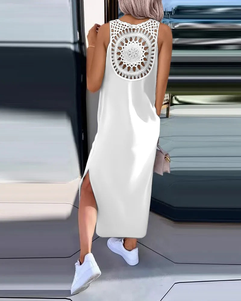 Hollow Out Solid Long Dress Women Fashion Sleeveless O-neck Maxi Dresses For Women 2024 Summer Women's Slim Split Vestidos Black