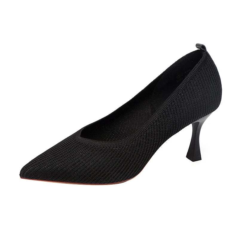 2022 Pointed Toe Single Shoes High Heels Simple Solid Color Knitting Woman Shoes Spring Autumn Latex Insole