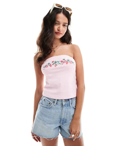 Women's Fruit/Crab Print Tube Tops Sleeveless Off Shoulder Strapless Cropped Bandeau Streetwear