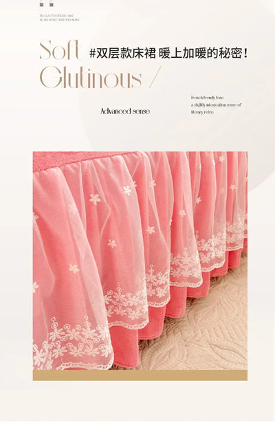2024 hot solid color Korean version lace bed skirt kit flannel quilt cover thickened warm four-piece set