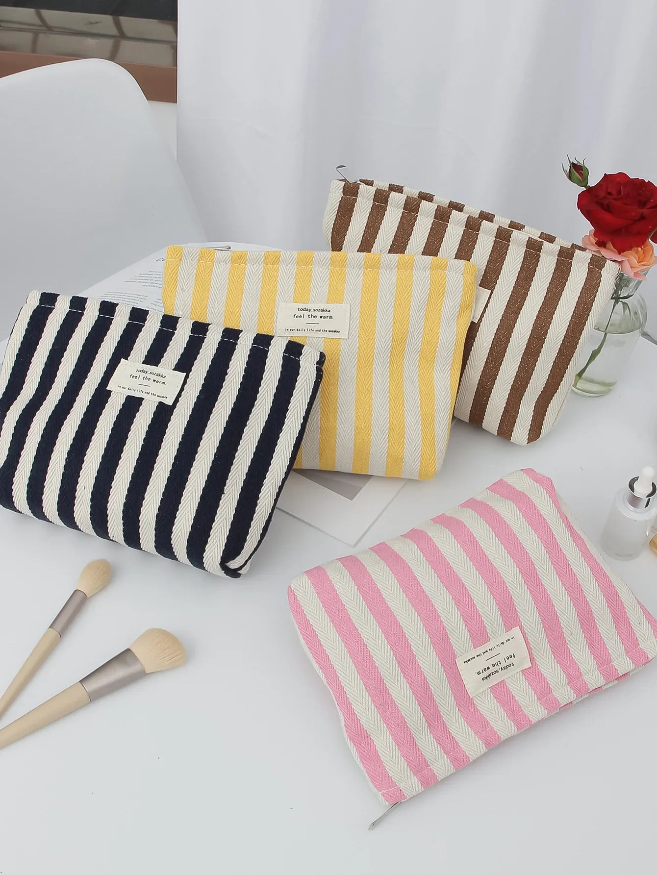 Women Waterproof Cosmetic Bag Storage Vertical Stripe Cosmetic Bag Makeup Case Travelling Pouch For Ladies Pencil Case