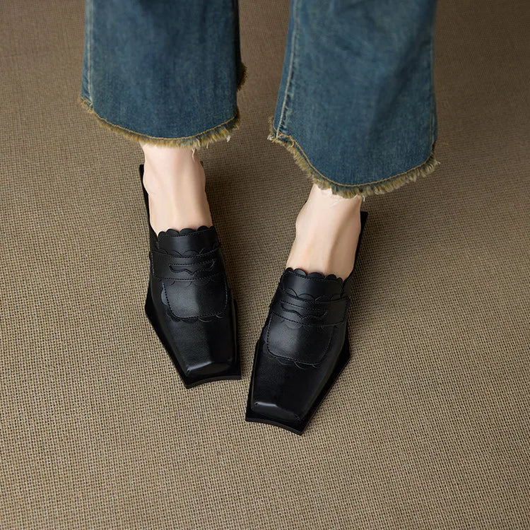 NEW Summer Women Mules Genuine Leather Shoes for Women Square Toe Chunky Heel Shoes Cover Toe Slingback Sandals Modern Slippers