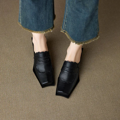 NEW Summer Women Mules Genuine Leather Shoes for Women Square Toe Chunky Heel Shoes Cover Toe Slingback Sandals Modern Slippers